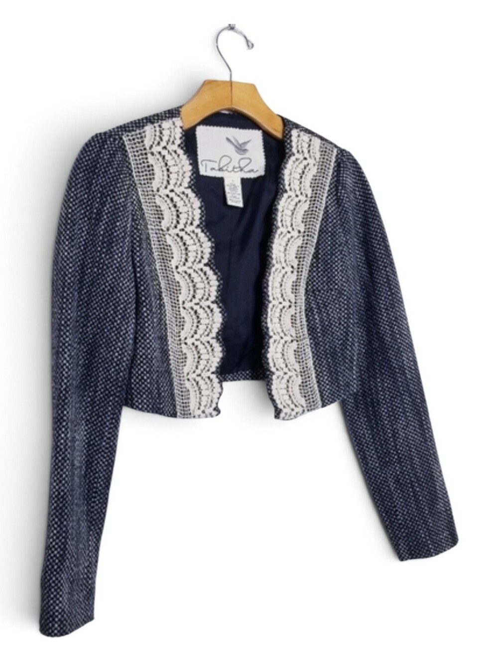 Anthropologie Tabitha Blazer Women's 0 Cropped Tweed Lace Bolero Black White Y2K